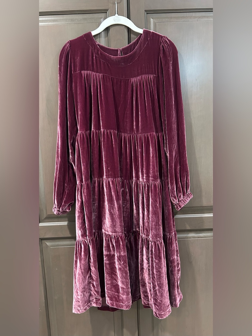 European Culture Long Sleeve Velvet Tiered Midi Dress in Burgundy, Size S